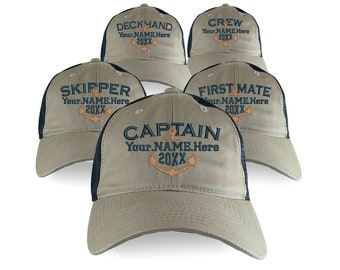 Captain First Mate Skipper Deckhand Crew Custom Personalized Embroidery on an Adjustable Unstructured Khaki Beige Cotton Trucker Mesh Cap