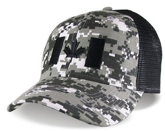 Canada Flag Black Embroidery on an Adjustable Structured Classic Tactical Black and White Digital Camo Trucker Mesh Cap