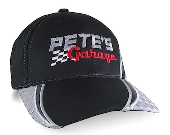 Pete's Garage Racing Style Custom Embroidery Design Adjustable Black and Silver Diamond Plate Structured Cap