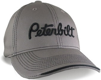 Peterbilt Truck 3D Puff Embroidery Design on Adjustable Silver Grey Structured Baseball Cap Options to Personalize This Hat for a Trucker