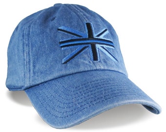 The Thin Blue Line Symbolic on the Union Jack UK Flag Embroidery on an Adjustable Fashion Stylish Unstructured Blue Denim Baseball Cap