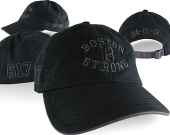 Boston B Strong Remembrance 4 Locations Black on Black Embroidery on an Adjustable Black Unstructured Classic Cotton Dad Hat Baseball Cap