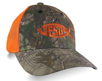 Jesus Ichthys Fish Design Embroidery on an Adjustable Realtree Camo Structured Truckers Style Safety Orange Snapback Ball Cap