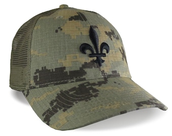 Quebec Style Fleur de Lis 3D Puff Black Raised Embroidery on an Adjustable Structured Classic Tactical Khaki Digital Camo Trucker Mesh Cap