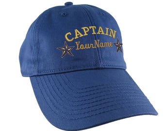 Personalized Captain Stars Your Name Embroidery on an Adjustable Indigo Blue Unstructured Baseball Cap with Option to Personalize the Back