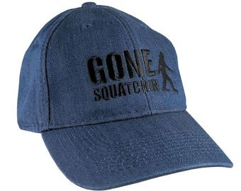 Gone Squatchin Humorous Sasquatch Bigfoot Silhouette Black Embroidery on an Adjustable Blue Denim Stylish Baseball Cap