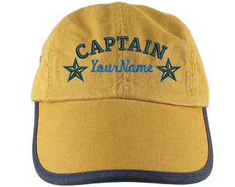 Personalized Nautical Captain Stars Embroidery on a Polo Style 5 Panel Adjustable Mango and Navy Unstructured Cap for the Boating Enthusiast