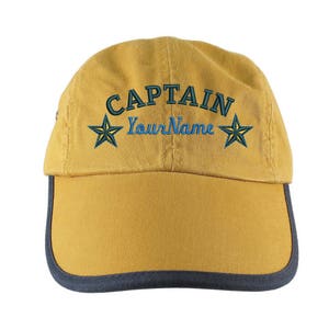 Personalized Nautical Captain Stars Embroidery on a Polo Style 5 Panel Adjustable Mango and Navy Unstructured Cap for the Boating Enthusiast