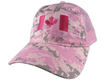 Canadian Flag Canada Hot Pink Embroidery on a Pink Digital Camouflage Unstructured Adjustable Classic Trucker Style Cap in Pink Back Mesh