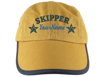Personalized Nautical Skipper Stars Embroidery on a Polo Style 5 Panel Adjustable Mango and Navy Unstructured Cap for the Boating Enthusiast