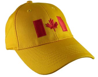 Canadian Flag Red Embroidery Design on a Sun Yellow Adjustable Structured Baseball Cap for Kids Age 6 to 12 Tone on Tone Fashion Look