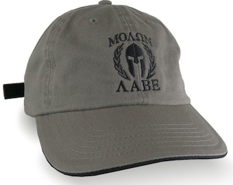 Molon Labe Spartan Warrior Mask Laurels Black Embroidery on an Adjustable Khaki Green Unstructured Ball Cap Dad Hat Personalization Options