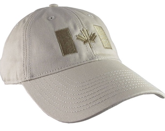 Canadian Flag Bronze Beige Embroidery Design on a Stone Beige Adjustable Unstructured Baseball Cap Dad Hat for a Tone on Tone Fashion Look