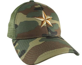 3D Puff Embroidery Golden Beige and Copper Star on a Woodland Khaki Camouflage Structured Adjustable Classic Trucker Style Baseball Cap