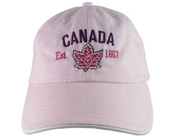 Canada Established 1867 Retro Style Maple Leaf Purple and Fuchsia Embroidery on an Adjustable Pink Unstructured Baseball Cap