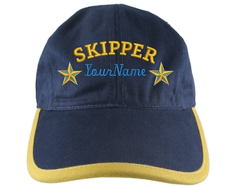 Personalized Nautical Skipper Stars Embroidery on a Polo Style 5 Panel Adjustable Navy and Mango Unstructured Cap for the Boating Enthusiast