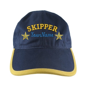 Personalized Nautical Skipper Stars Embroidery on a Polo Style 5 Panel Adjustable Navy and Mango Unstructured Cap for the Boating Enthusiast