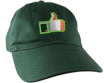 St-Patrick's Irish Flag Facebook Like Embroidery on an Adjustable Forest Green Unstructured Baseball Cap with Option to Personalize the Back