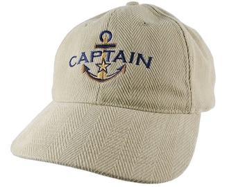 Nautical Golden Star Anchor Boat Captain Embroidery on an Adjustable Beige Structured Retro Baseball Cap Options to Personalize the Hat