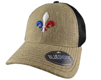 Fleur de Lis 3D Puff France Flag Embroidery Fleur de Lys Adjustable Natural Burlap Jute and Black Mesh Structured Trucker Style Baseball Cap