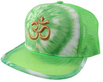 OM Spiritual Symbol Yoga Lifestyle 3D Puff Golden Embroidery Adjustable High Profile Structured Lime Green Tie Dye Trucker Mesh Fashion Cap