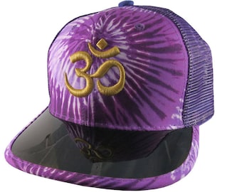 OM Spiritual Symbol Yoga Lifestyle 3D Puff Golden Embroidery on Adjustable High Profile Structured Purple Tie Dye Trucker Mesh Fashion Cap