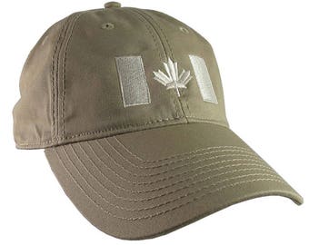 Canadian Flag Beige Embroidery Design on a Khaki Beige Adjustable Unstructured Baseball Cap Dad Hat for a Tone on Tone Fashion Look