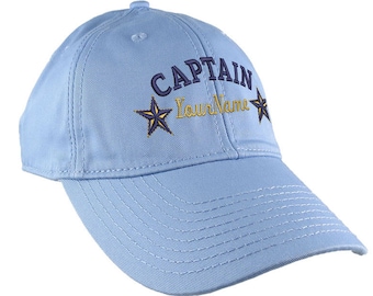 Personalized Captain Stars Your Name Embroidery on Adjustable Baby Blue Unstructured Mid Profile Cap with Option to Personalize the Back