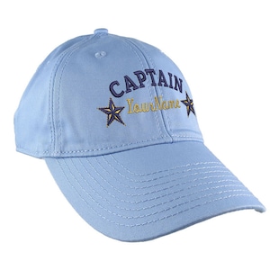 Personalized Captain Stars Your Name Embroidery on Adjustable Baby Blue Unstructured Mid Profile Cap with Option to Personalize the Back