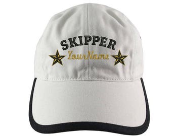 Personalized Nautical Skipper Stars Embroidery on Polo Style 5 Panel Adjustable Ivory and Black Unstructured Cap for the Boating Enthusiast