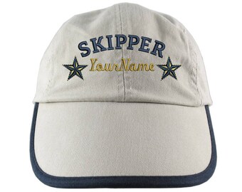 Personalized Nautical Skipper Stars Embroidery on a Polo Style 5 Panel Adjustable Beige and Navy Unstructured Cap for the Boating Enthusiast