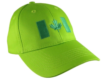 Canadian Flag Green Embroidery Design on a Lime Green Adjustable Structured Baseball Cap for Kids Age 6 to 12 Tone on Tone Fashion Look