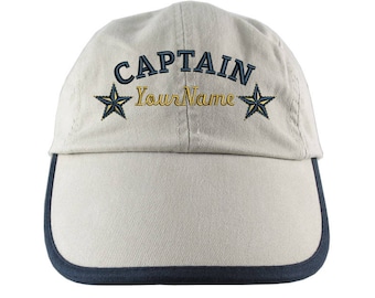 Personalized Nautical Captain Stars Embroidery on a Polo Style 5 Panel Adjustable Beige and Navy Unstructured Cap for the Boating Enthusiast