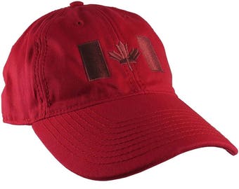 Canadian Flag Red Embroidery Design on a Red Adjustable Unstructured Baseball Cap Dad Hat for a Tone on Tone Fashion Look