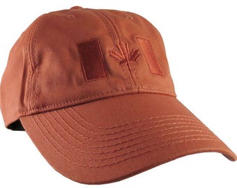 Canadian Flag Burnt Orange Embroidery Design on a Burnt Orange Adjustable Unstructured Baseball Cap Dad Hat for a Tone on Tone Fashion Look