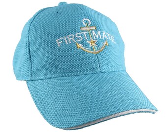 Nautical Star Golden Anchor First Mate White Embroidery on an Adjustable Aqua Blue Turquoise Structured Fashion Baseball Cap For Her For Mom