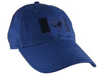 Canadian Flag Navy Blue Embroidery Design on a Royal Blue Adjustable Unstructured Baseball Cap Dad Hat for a Tone on Tone Fashion Look