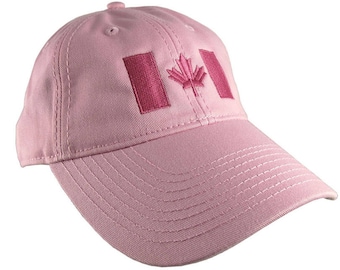 Canadian Flag Hot Pink Embroidery Design on a Pink Adjustable Unstructured Baseball Cap Dad Hat for a Tone on Tone Fashion Look