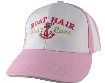 Nautical Anchor Boat Hair Don't Care Embroidery on an Adjustable Pink and White Structured Baseball Cap with Option to Personalize the Back
