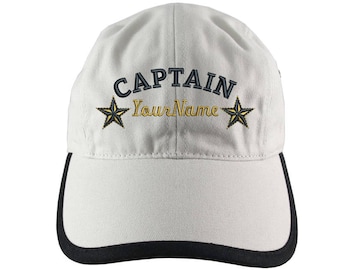 Personalized Nautical Captain Stars Embroidery on Polo Style 5 Panel Adjustable Ivory and Black Unstructured Cap for the Boating Enthusiast