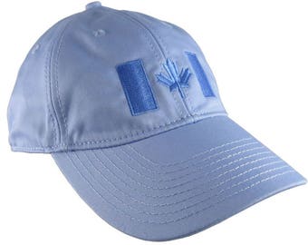 Canadian Flag Blue Embroidery Design on a Baby Blue Adjustable Unstructured Baseball Cap Dad Hat for a Tone on Tone Fashion Look