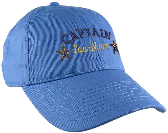 Personalized Captain Stars Your Name Embroidery on Adjustable Sky Blue Unstructured Mid Profile Cap with Option to Personalize the Back
