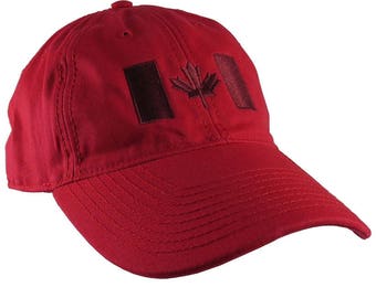 Canadian Flag Burgundy Red Embroidery Design on a Red Adjustable Unstructured Baseball Cap Dad Hat for a Tone on Tone Fashion Look