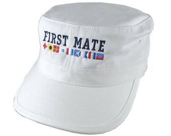 Nautical Flags Spelling First Mate Embroidery on an Adjustable White Unstructured Military Cadet Cap with Option to Personalize Back