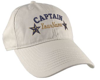 Personalized Captain Stars Your Name Embroidery on Adjustable Stone Beige Unstructured Mid Profile Cap with Option to Personalize the Back