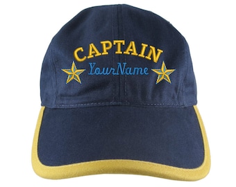 Personalized Nautical Captain Stars Embroidery on a Polo Style 5 Panel Adjustable Navy and Mango Unstructured Cap for the Boating Enthusiast