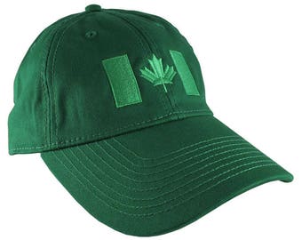 Canadian Flag Irish Green Embroidery Design on a Irish Green Adjustable Unstructured Baseball Cap Dad Hat for a Tone on Tone Fashion Look