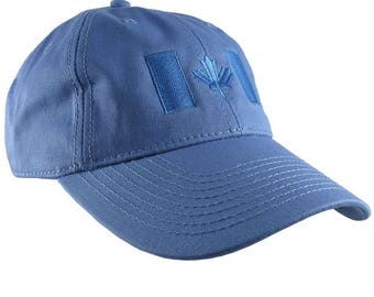 Canadian Flag Blue Embroidery Design on a Sky Blue Adjustable Unstructured Baseball Cap Dad Hat for a Tone on Tone Fashion Look