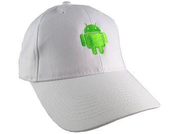 Android Technology Robot Icon Humorous Geek Neon Green Embroidery Design Adjustable White Structured Baseball Cap with Option to Personalize