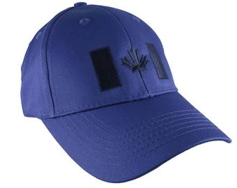 Canadian Flag Navy Blue Embroidery Design on a Royal Blue Adjustable Structured Baseball Cap for Kids Age 6 to 12 Tone on Tone Fashion Look